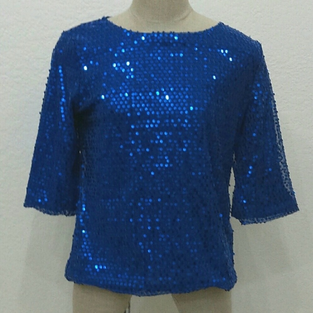 Women’s blue sequence three-quarter sleep top-New-Large